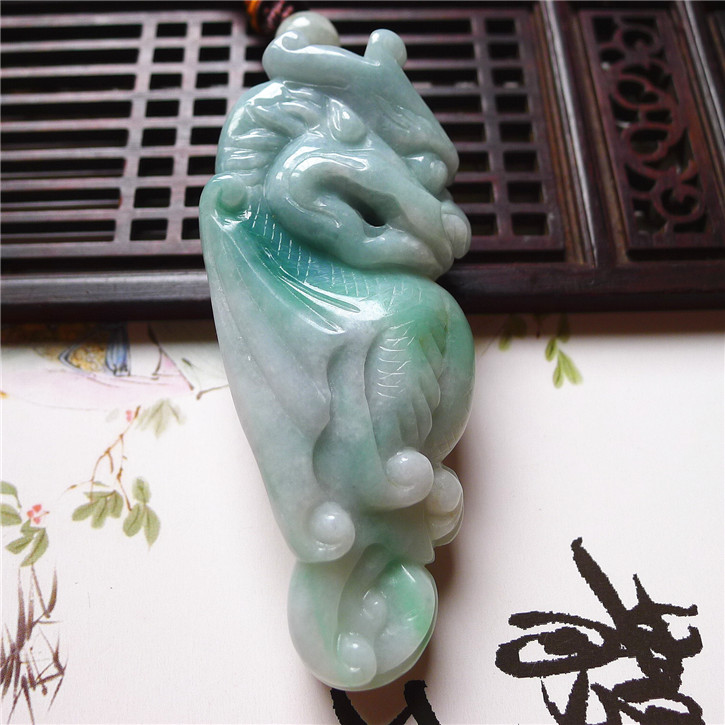 正品天然翡翠A货老坑种 飞龙在天手把件 配鉴定证书