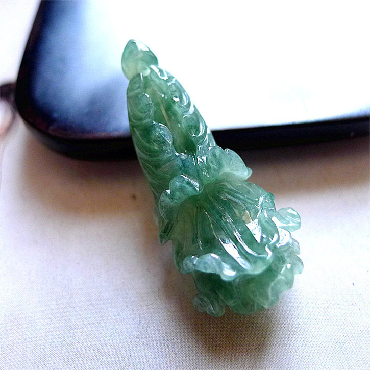 天然缅甸翡翠A货老坑种精美水润白菜百财吊坠配证书
