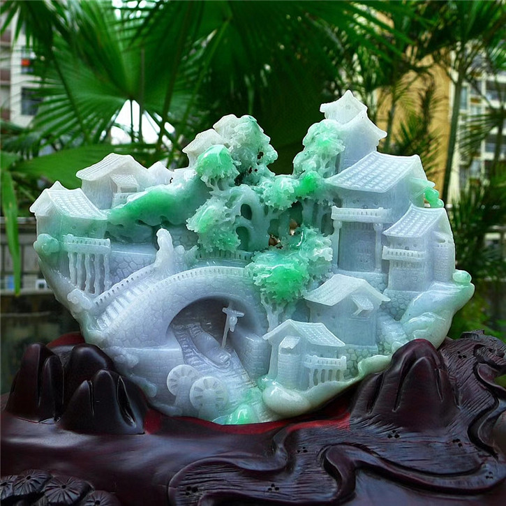 天然翡翠A货老坑种精雕高山流水小桥流水摆件配证书