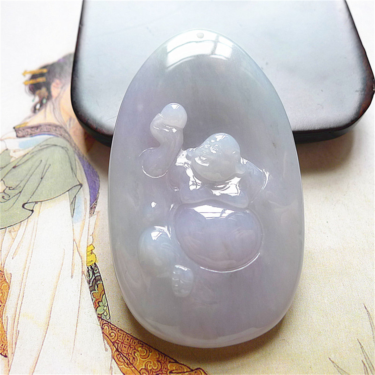 天然缅甸翡翠A货老坑种精美水润浅紫色招财佛吊坠配证书