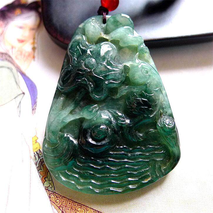 天然翡翠A货老坑种精雕精美水润荷花鱼吊坠配证书