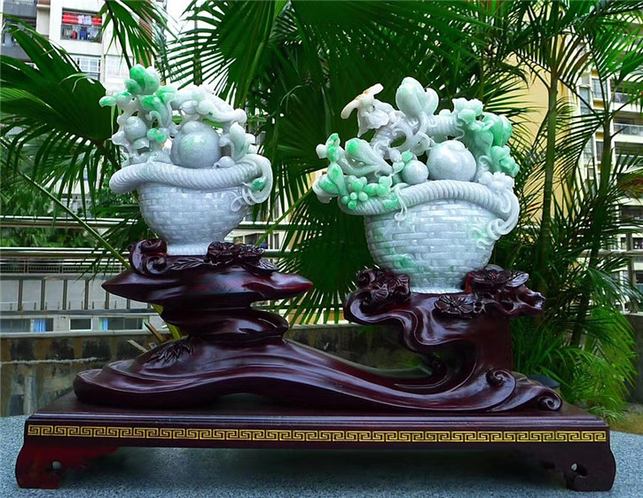 缅甸天然翡翠A货老坑种 精雕双喜丰收花开富贵摆件 配证书