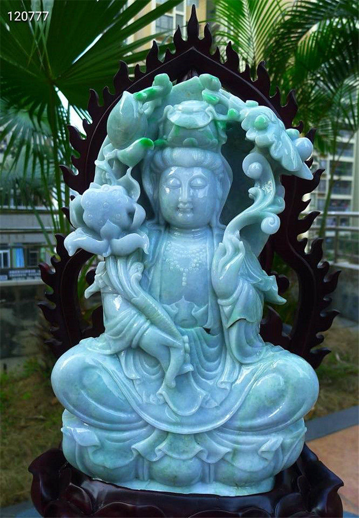 缅甸天然翡翠A货老坑种 精雕莲花观音摆件 配证书