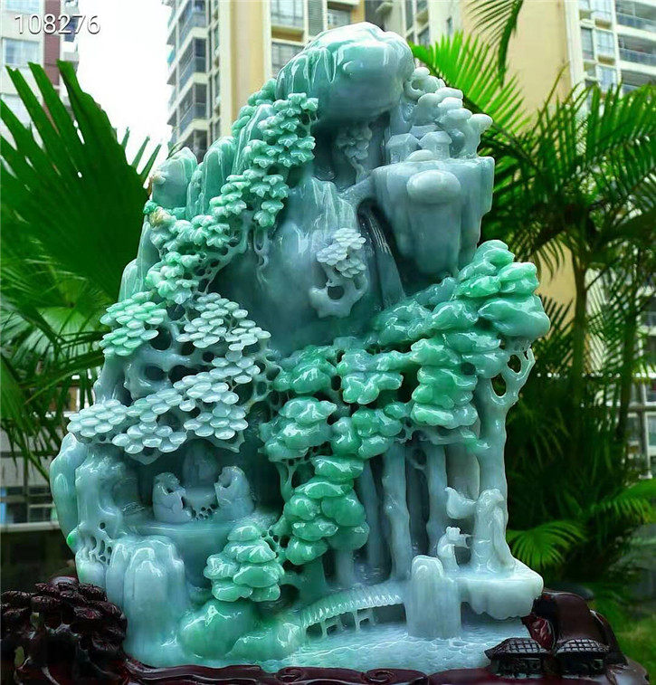 正品天然翡翠A货老坑种 阳绿色高山流水摆件 配鉴定证书