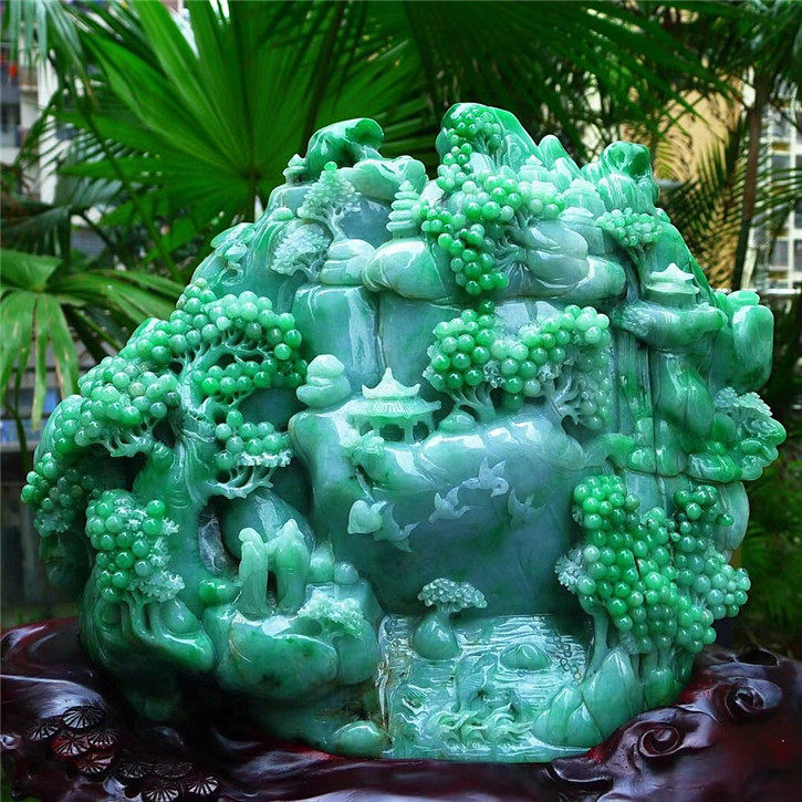 天然翡翠A货老坑种精雕阳绿色高山流水摆件配证书