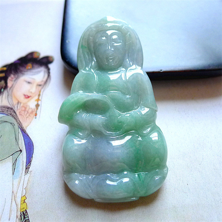 天然缅甸翡翠A货老坑种精美水润送子观音吊坠配证书