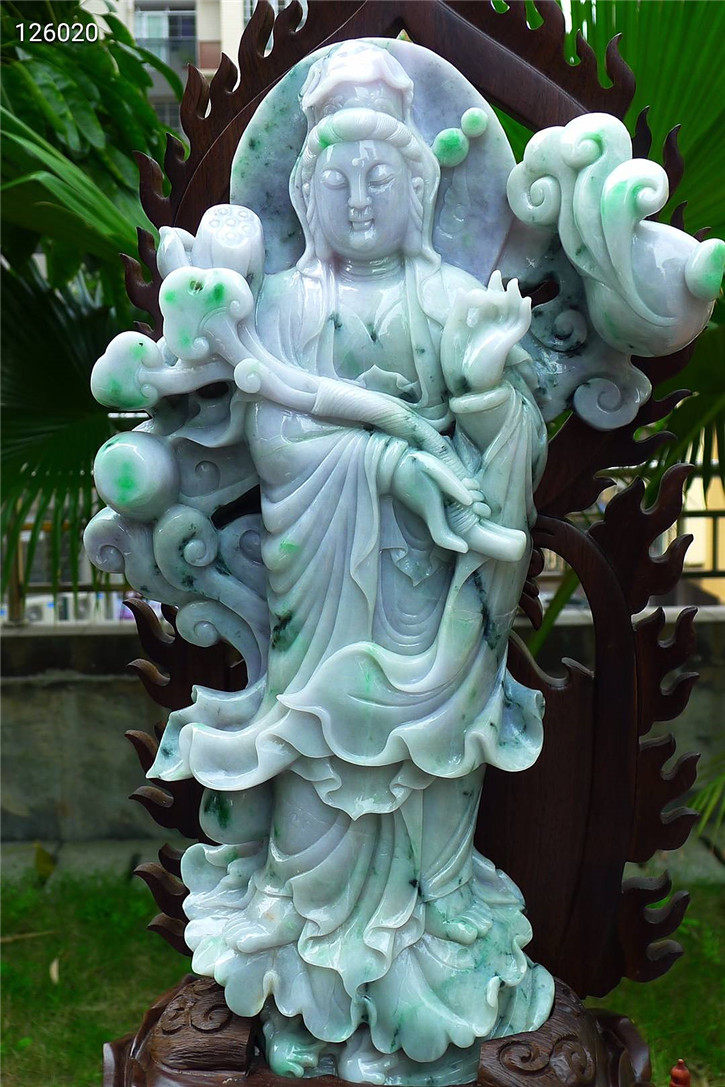 缅甸天然翡翠A货老坑种 精雕如意观音摆件 配证书