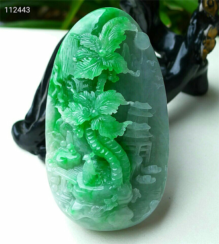 正品天然翡翠A货老坑种翡翠 精雕摇钱树山水吊坠 配鉴定证书