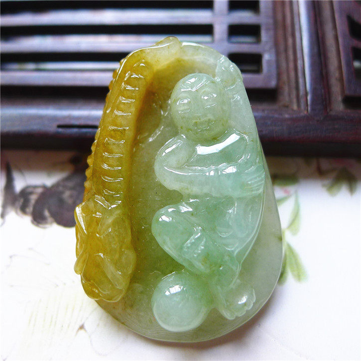 正品天然翡翠A货老坑种翡翠 精美招财童子吊坠 配鉴定证书