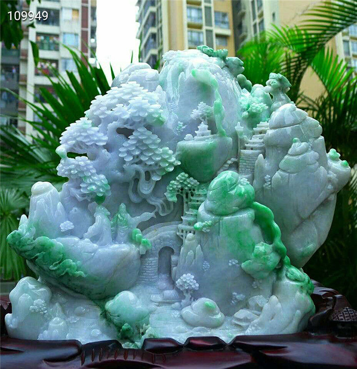 正品天然翡翠A货老坑种 青山绿水山水摆件 配鉴定证书