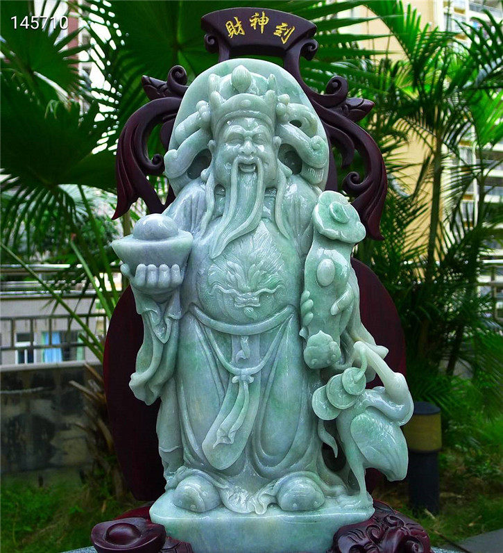 缅甸天然翡翠A货老坑种 精雕财神爷摆件 配证书