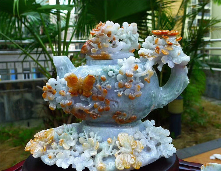 缅甸天然翡翠A货老坑种 精雕梅花茶壶精美摆件 配证书
