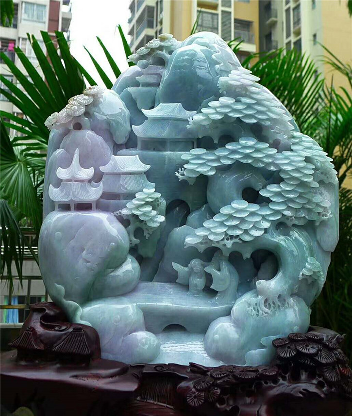 正品天然翡翠A货老坑种 山水摆件 配鉴定证书