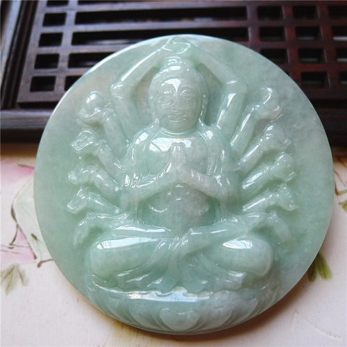 正品天然翡翠A货老坑种翡翠 精美千手观音吊坠 配鉴定证书
