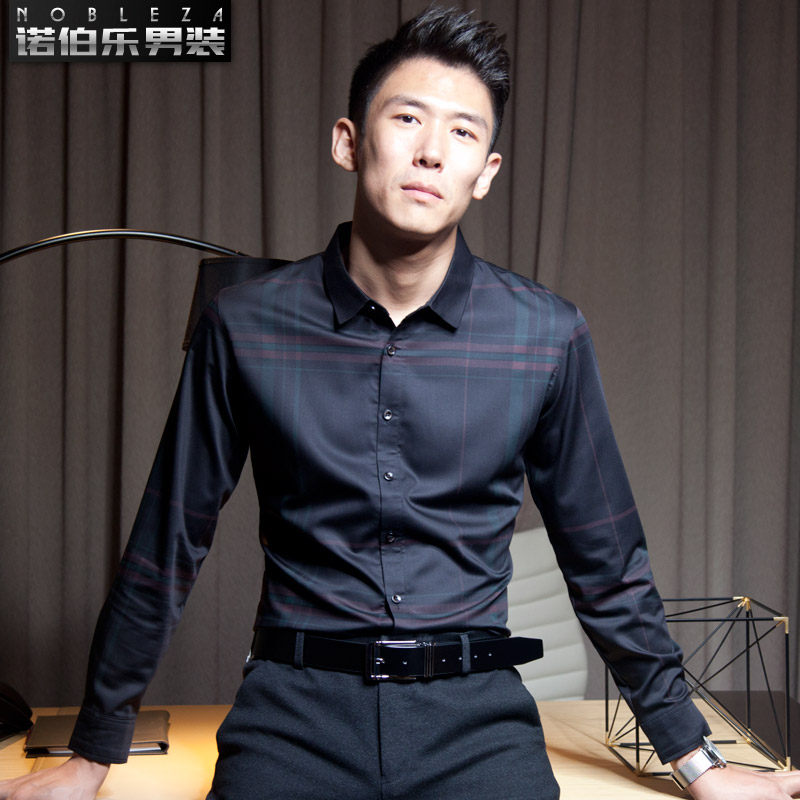 诺伯乐秋冬厚款格子衬衫男长袖父亲商务休闲条纹加绒中老年寸衣男