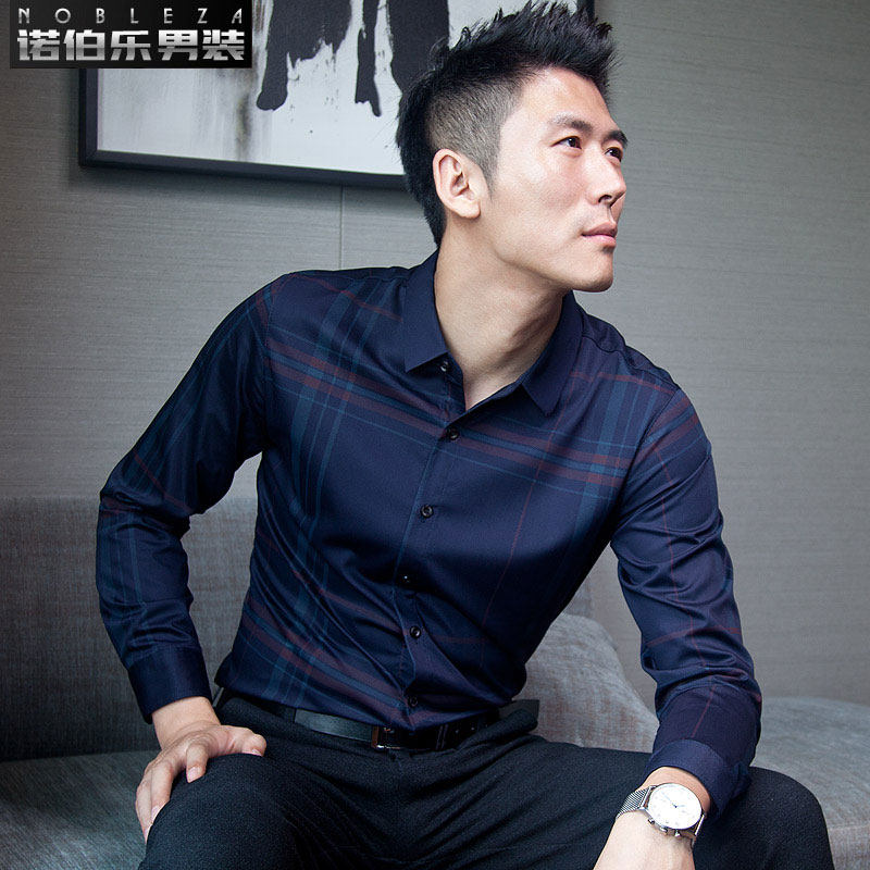 诺伯乐衬衫男士长袖格子衬衣新款爸爸春秋季新款商务休闲中年条纹