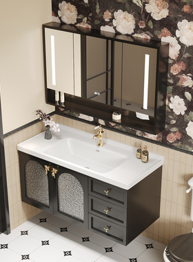 法式复古浴室柜组合橡木黑色洗手盆柜洗漱台洗脸盆陶瓷一体盆定制