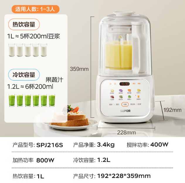 苏泊尔轻音破壁机带罩豆浆机1.2L小型降噪可预约榨汁机 SPJ216S,厨房电器,破壁机,淘宝优惠券,粉丝福利购,淘宝优惠卷