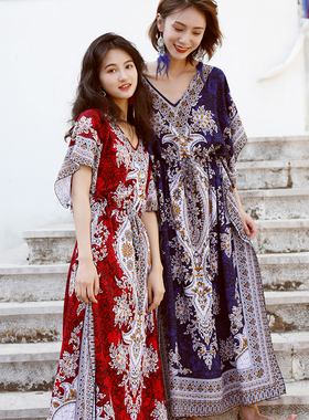 袍子 民族印花宽松人棉文艺连衣裙长裙V领波西米亚复古泰国度假裙