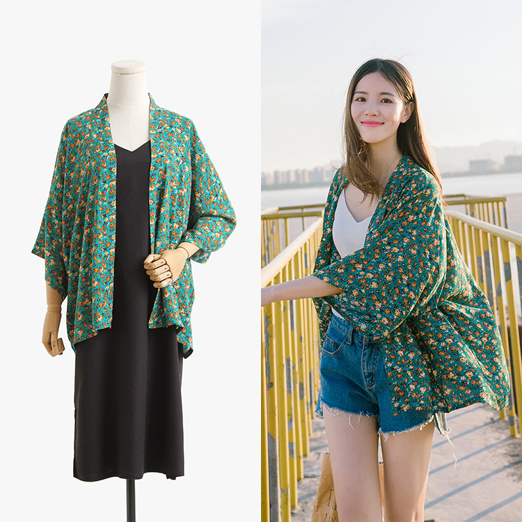 棉外套 田园碎花日式和风和服防晒衫，棉印花短款上衣开衫外套