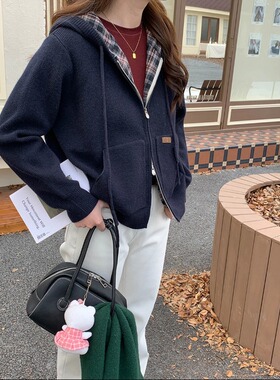 3th Morning 时髦双拉链 设计感格纹拼接连帽针织开衫ZY3629