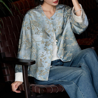风雅美学《海月浮光》38MM桑蚕丝羊毛国风提花新中式外套新款