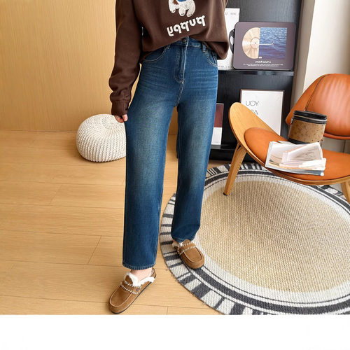 镇店口碑款!保暖厚绒四面弹法棍裤女 冬季修胯显瘦九分直筒牛仔裤