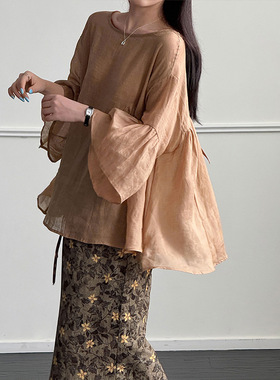 夏季新款韩系苎麻衬衫休闲上衣文艺复古苎麻上衣女6537-1