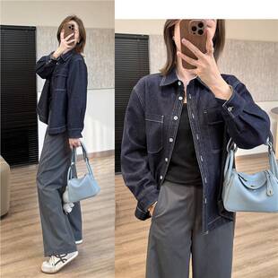 一见钟情！男友风挺阔牛仔衬衫！复古深蓝色正肩撞色显瘦外套女秋