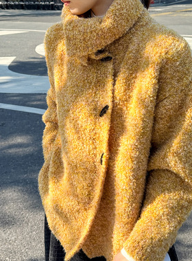 橘芷韩系羊毛圈圈牛角扣设计感针织外套女2025冬季加厚毛衣61045