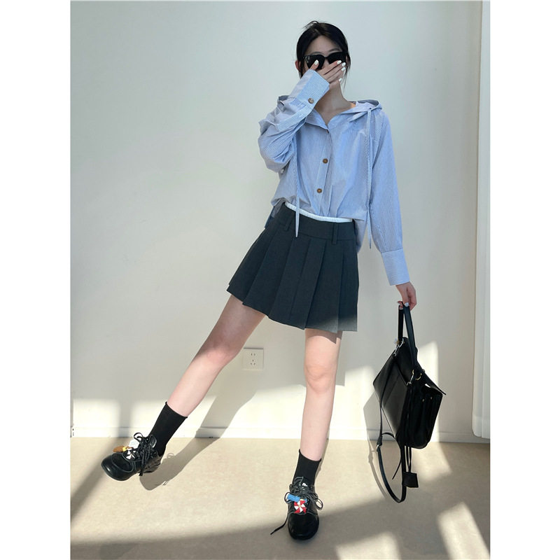 法式小众！土星条纹 定染面料连帽条纹短款衬衫衬衣长袖上衣女秋