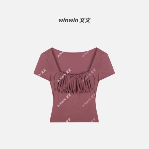《玫瑰切尔》文文私服 弹力修身压褶方领短袖T恤上衣预WWX6SY1292