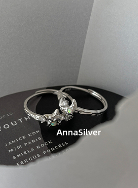 通体S925纯银时尚冷淡风欧泊星星月亮戒指可调节指环