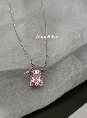 通体S925纯银蝴蝶结方形锆石项链