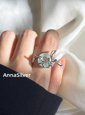 通体S925纯银新中式国风冷淡平安扣兰花戒指开口指环