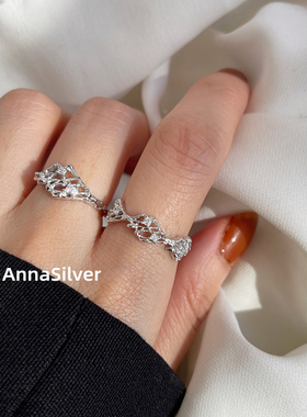 通体S925纯银气质设计感镂空编织戒指开口指环