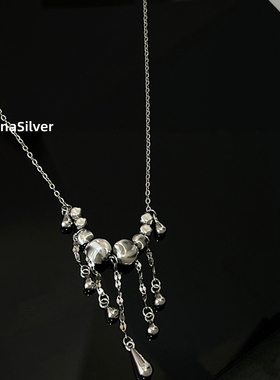 通体S925纯银时尚拉丝猫眼圆珠流苏气质锁骨短款项链
