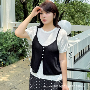 短袖 大码 2025韩版 女装 T恤微胖女生穿搭 胖mm假两件针织上衣夏新款