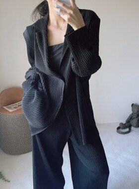 TVTV 质感HP线！褶皱秋季黑色长西装外套开衫上衣阔腿裤套装