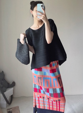 TVTV 白百合同款～褶皱宽松廓形短袖几何印花拼色直筒半裙