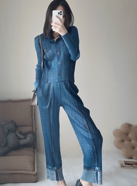 TVTV 专g同步牛仔套装！褶皱复古做旧牛仔衬衫外套开衫长裤