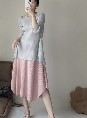 TVTV 超温柔配色！褶皱乳灰色设计感廓形八分袖上衣粉色半裙
