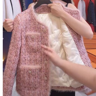 粉色小香风棉内胆秋冬款外套女冬季新款高端粗花呢名媛风上衣女