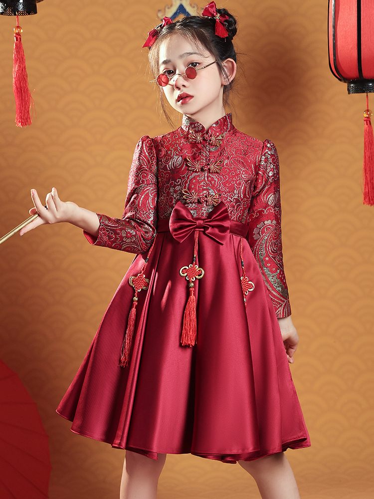 女童旗袍红色冬中国风儿童新年礼服公主裙宝宝过年唐装拜年服冬季