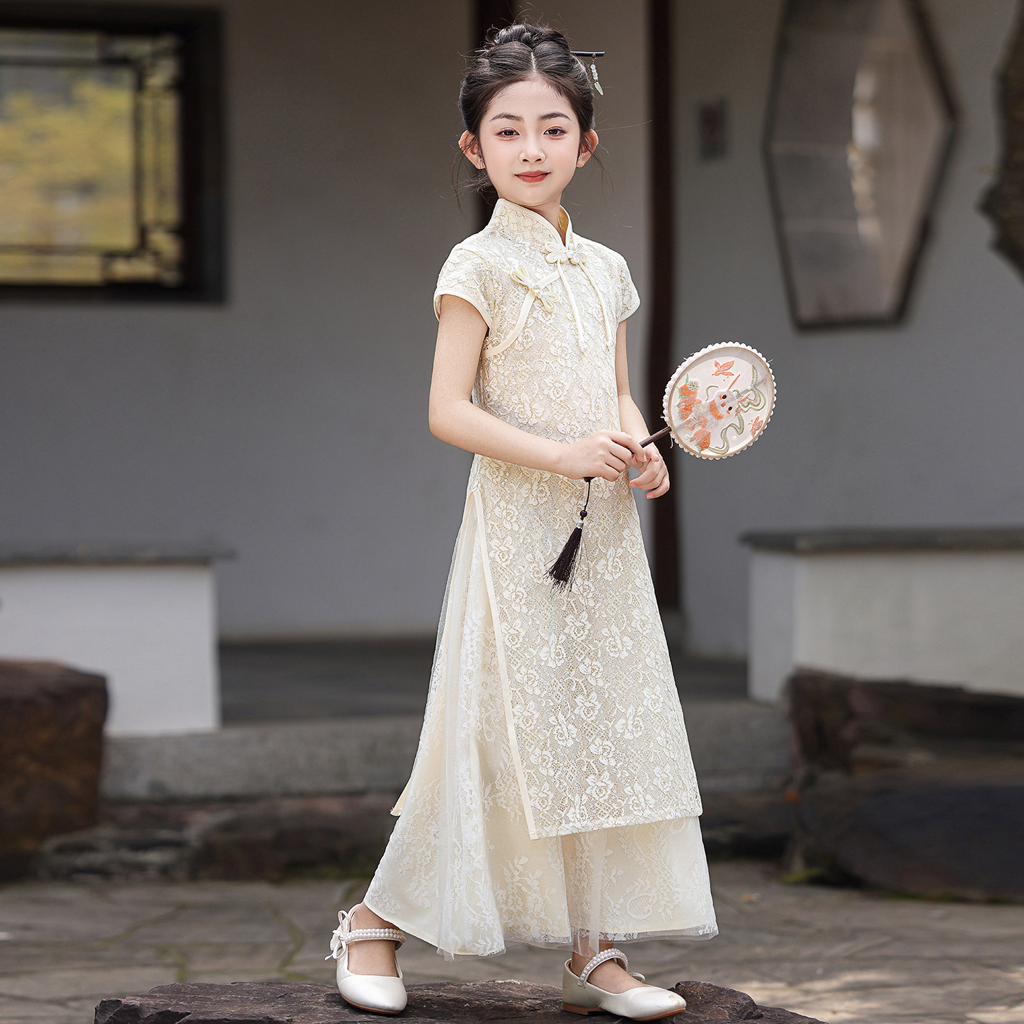 新中式蕾丝旗袍女童古筝演出服儿童中国风改良连衣裙女孩唐装夏季