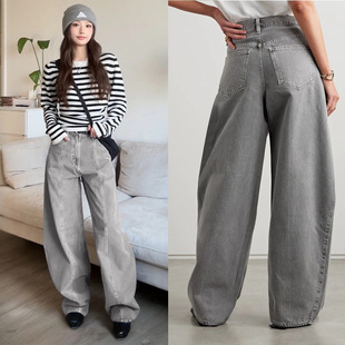 2025新款欧美AG浅灰色无弹高腰中线阔腿弯刀女士牛仔长裤