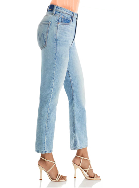 香港代购Mother牛仔裤女小直筒高腰弹力修身九分浅蓝色欧美明星款