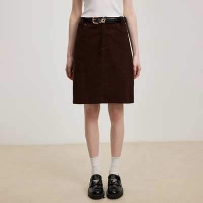 Azmi复古灯芯绒棕色半身