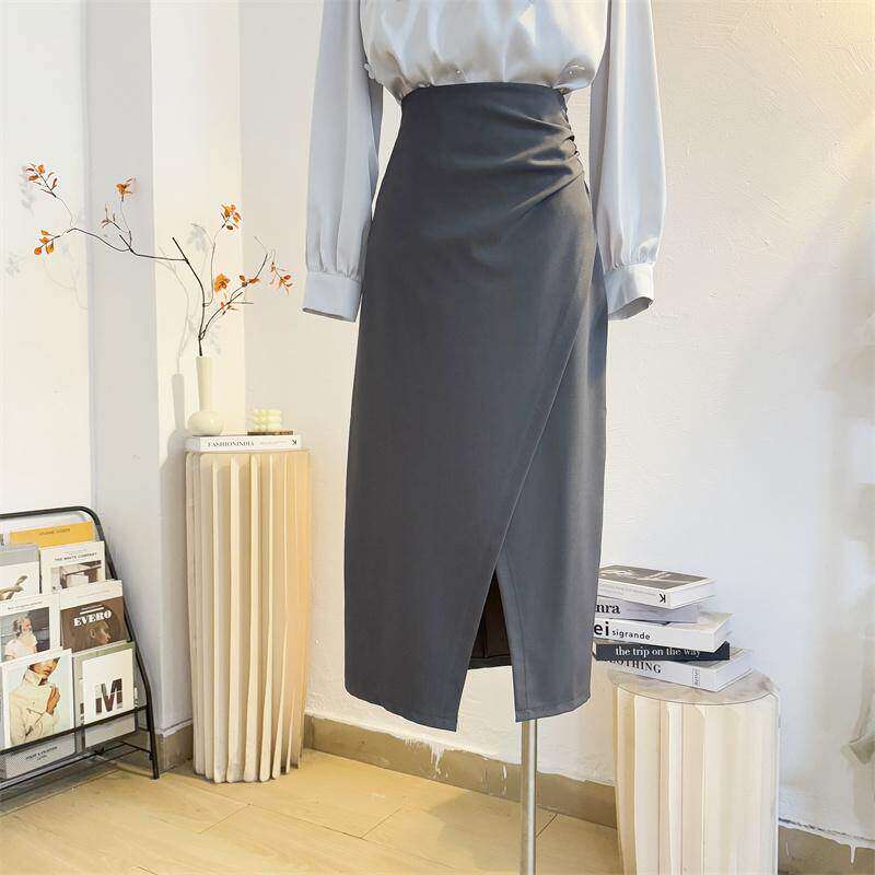 高级感灰色开叉半身裙女春夏中长款高腰a字包臀显瘦气质西装裙子