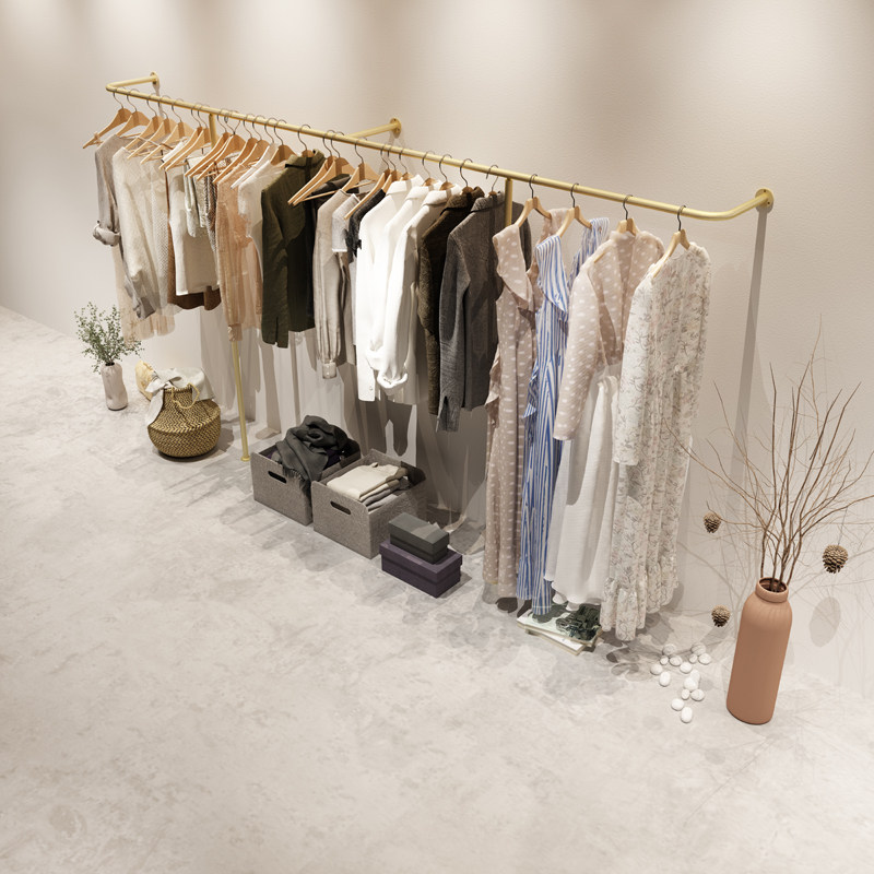 服装店展示架上墙壁挂式挂衣架女装店货架靠墙架壁挂衣服架子金色